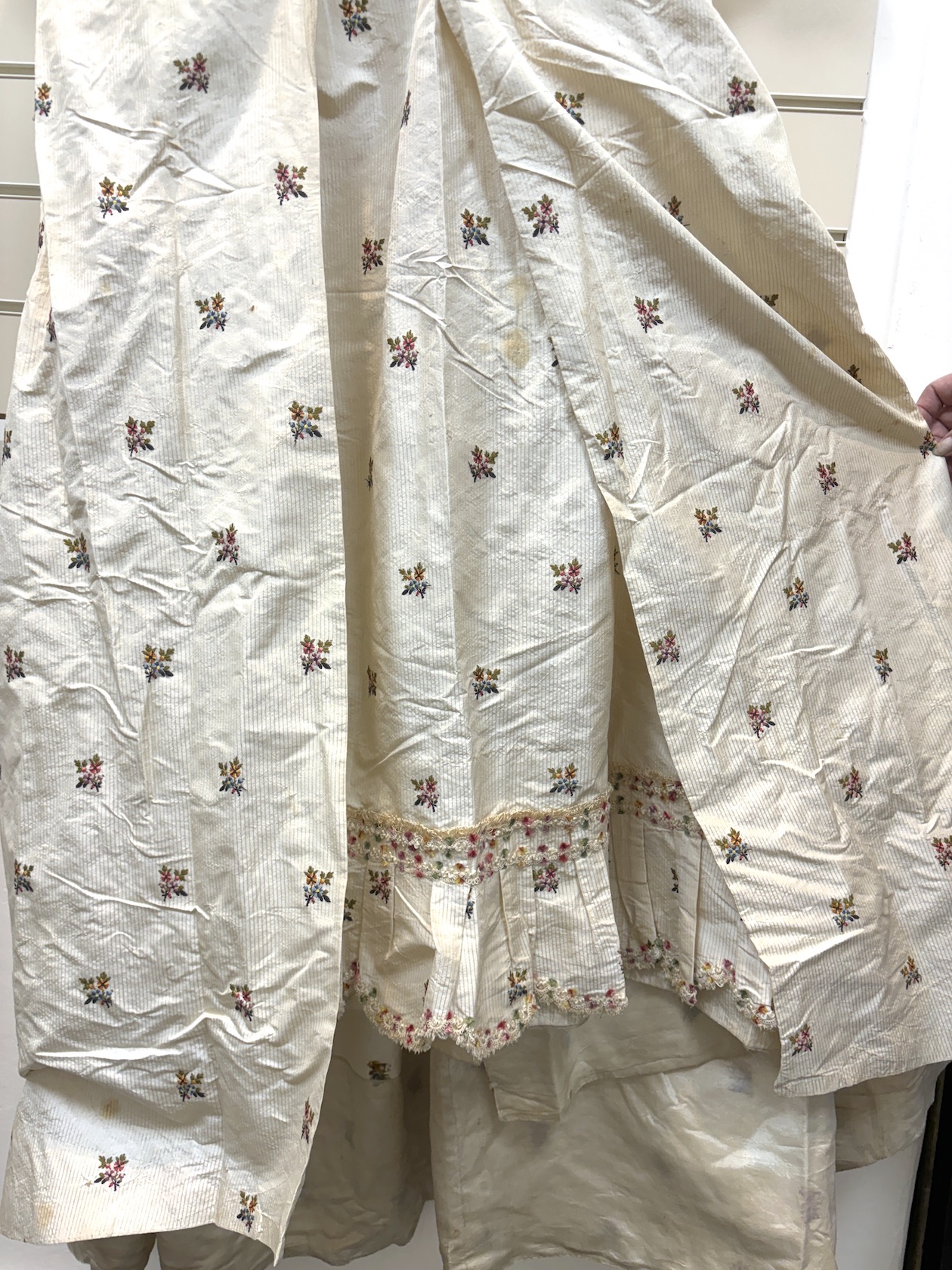 A rare 18th century, possibly Spitalfields, cream silk ladies dress, circa 1770-1780, made in the English style